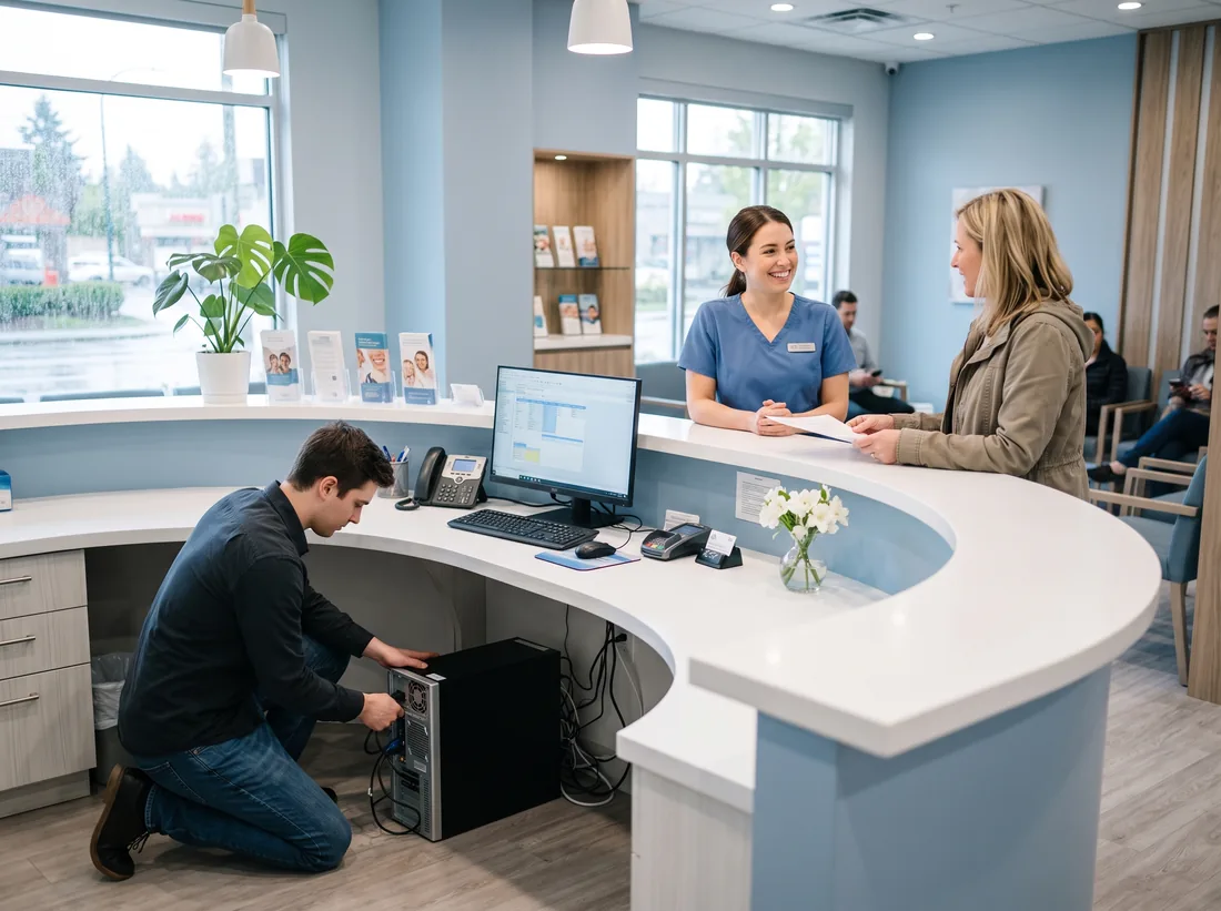 Clinic receptionist smiling at a patient while a technician checks the front-desk computer behind her