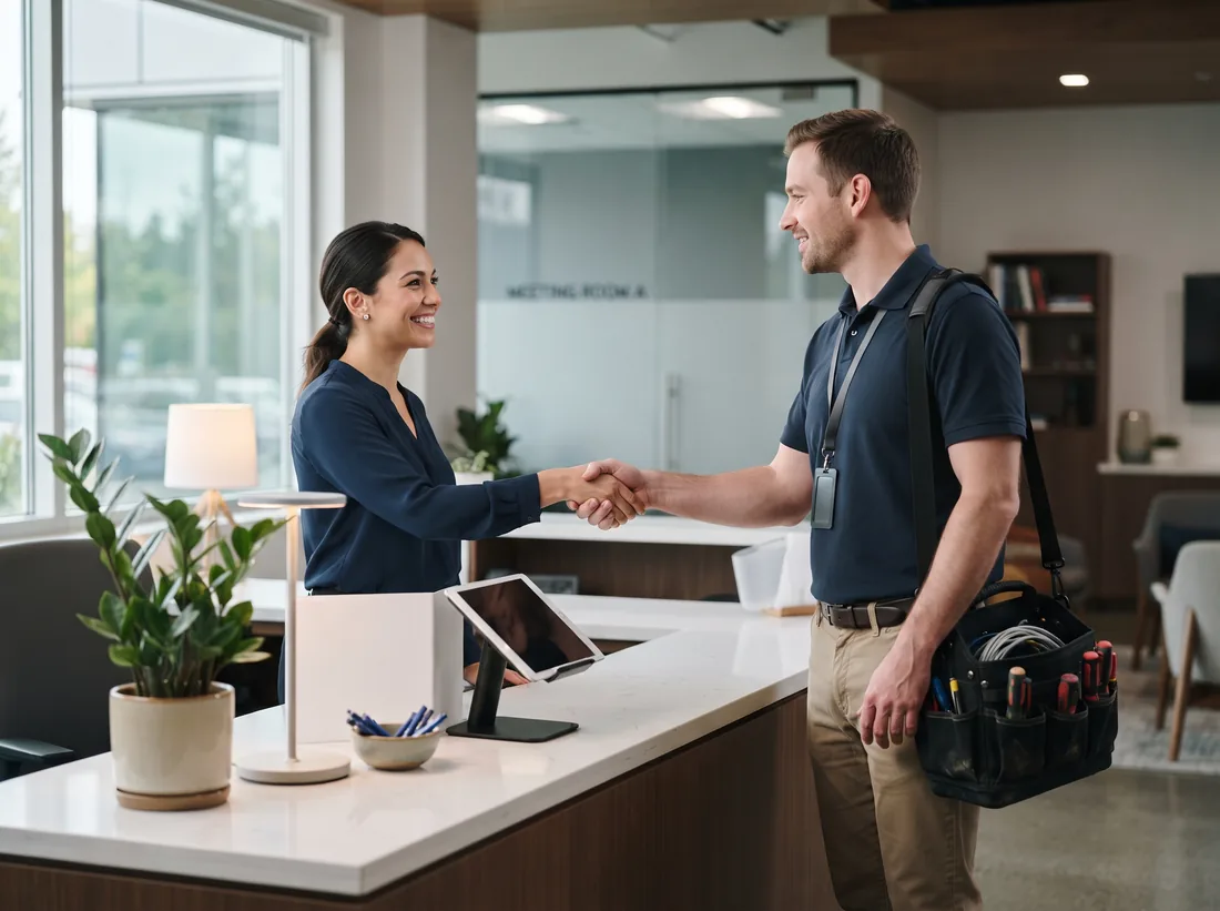 IT technician with a tool bag greeting a receptionist at the front desk of a small office