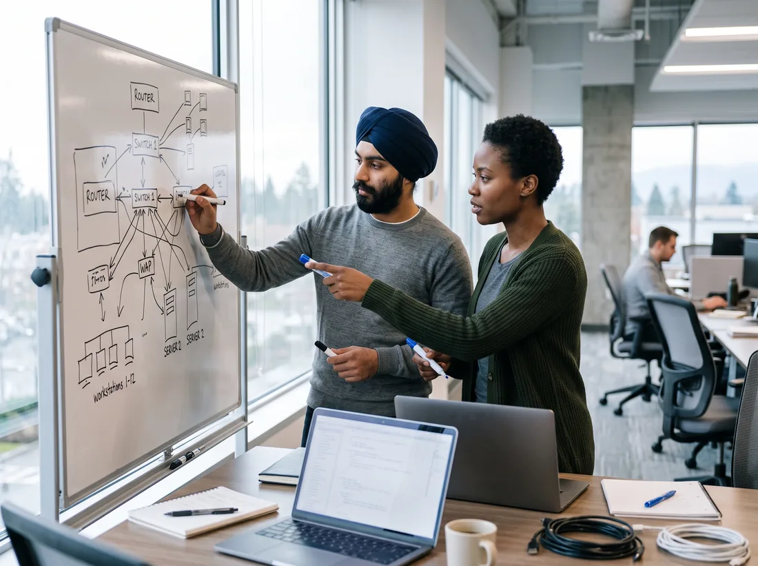 Two IT technicians sketching an office network layout on a whiteboard