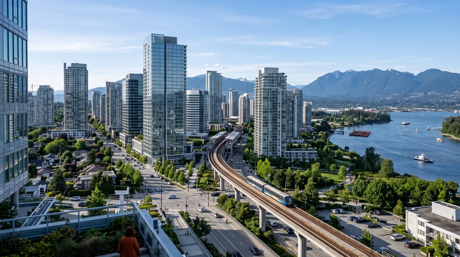 Lower Mainland city centre with residential and office towers, an elevated SkyTrain line and the water beyond
