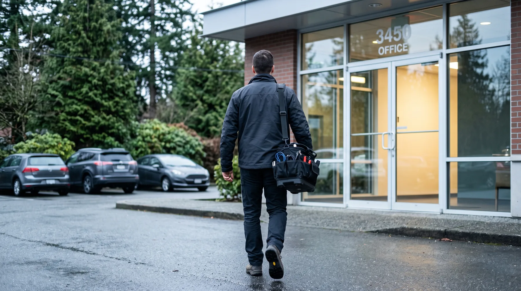 IT technician carrying a tool bag walking toward the entrance of an office building