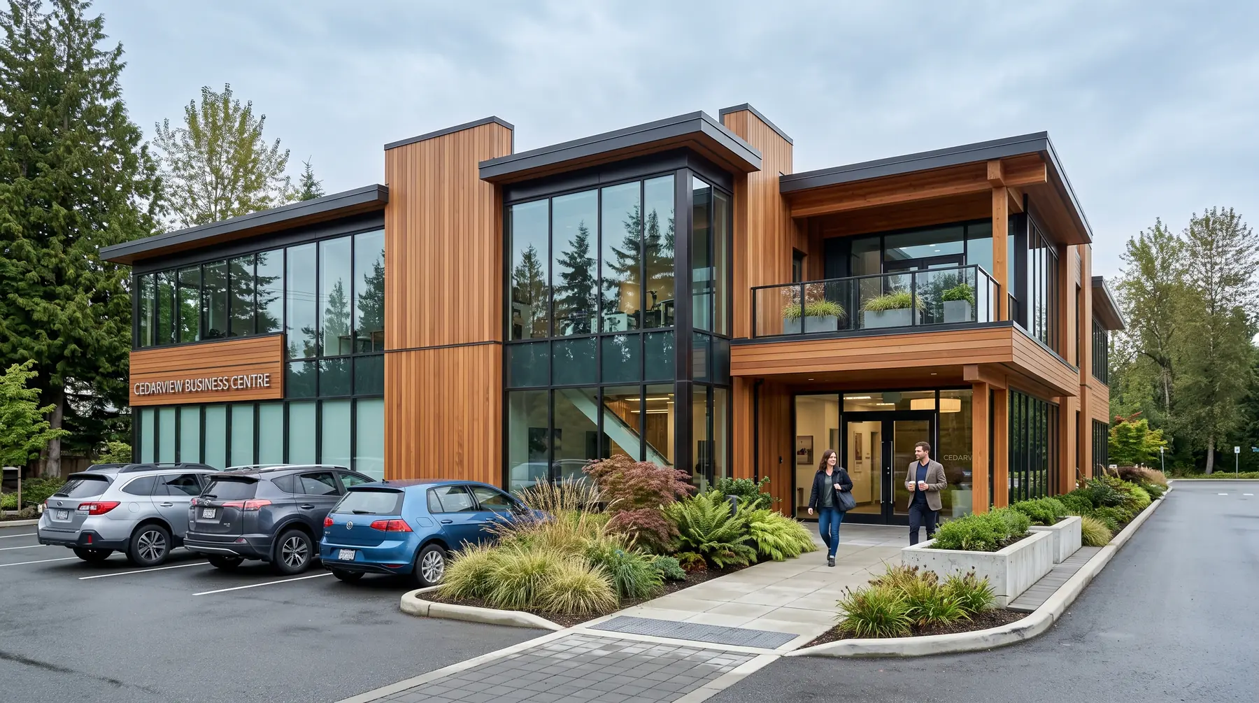 Modern low-rise office building with glass frontage and landscaping in Surrey