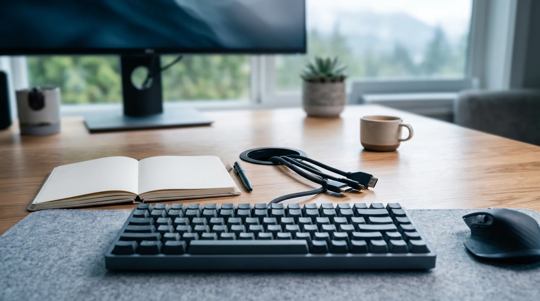 Close view of a tidy office desk with a keyboard, a mouse and neatly routed cables