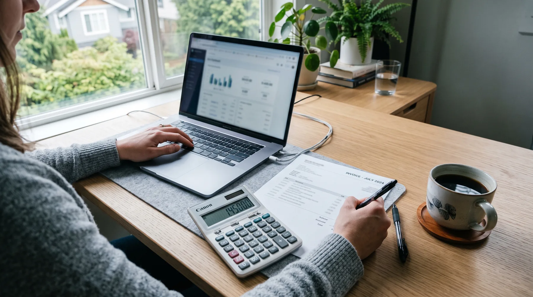 Desk with a calculator, a printed invoice and a laptop beside a coffee cup