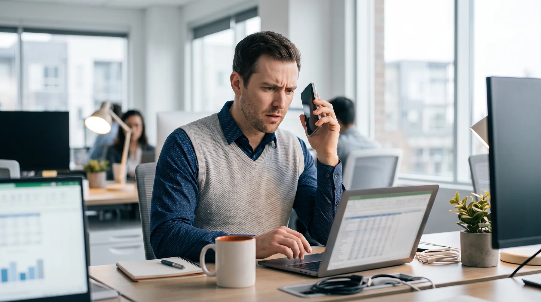 Office worker at a desk looking at a laptop with a puzzled expression, phone in hand