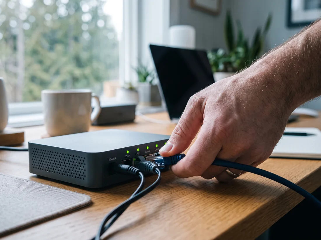 Hand checking that a network cable is firmly plugged into the back of an office router