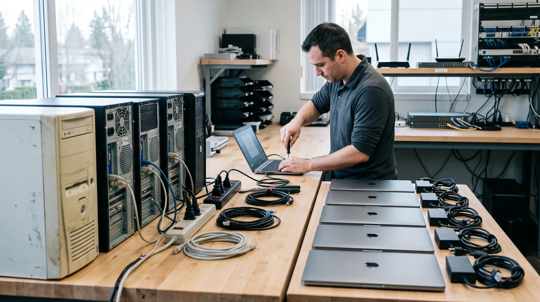 Older desktop computers lined up on a bench beside new slim business laptops ready for setup