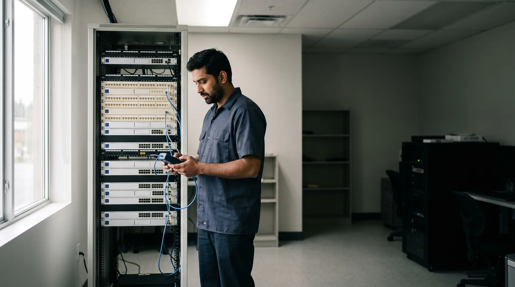 IT technician checking patch cables at a network rack in a bright office server room