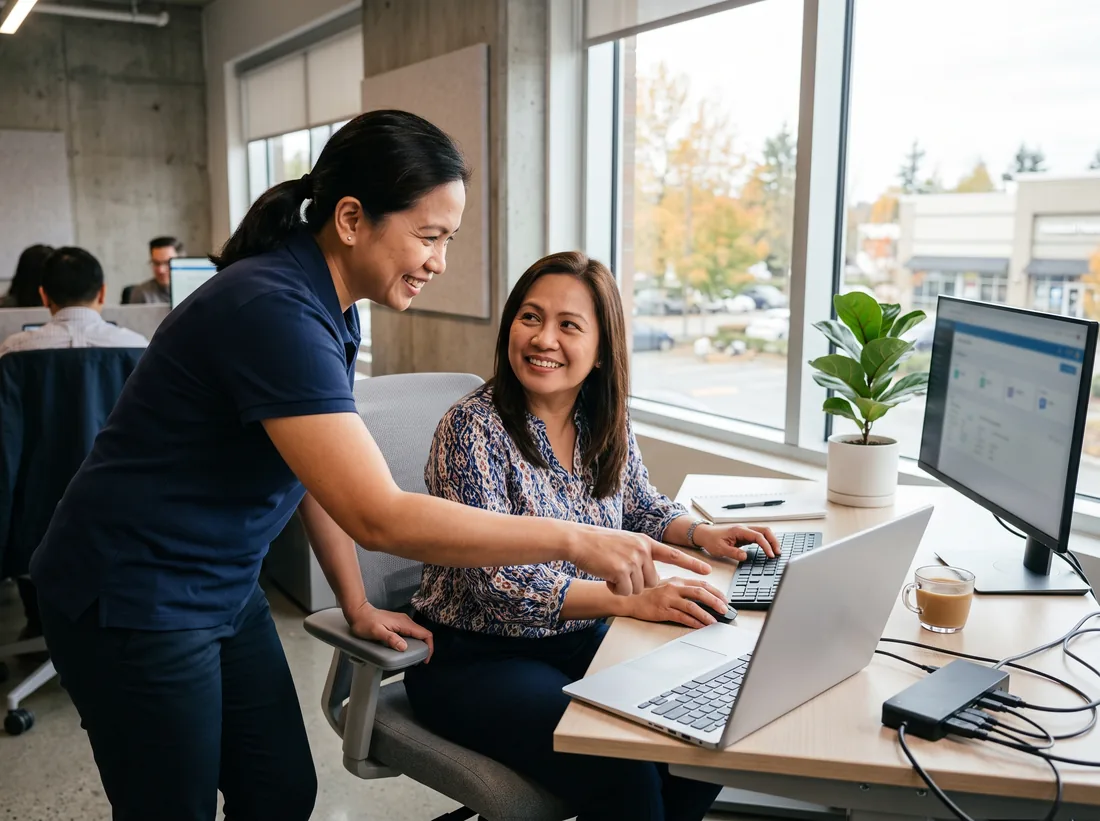 IT technician leaning in beside an office worker’s desk, pointing at her laptop screen as she smiles