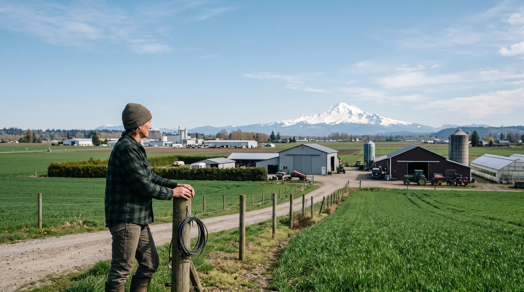 Fraser Valley farmland with Abbotsford’s low buildings and mountains in the distance