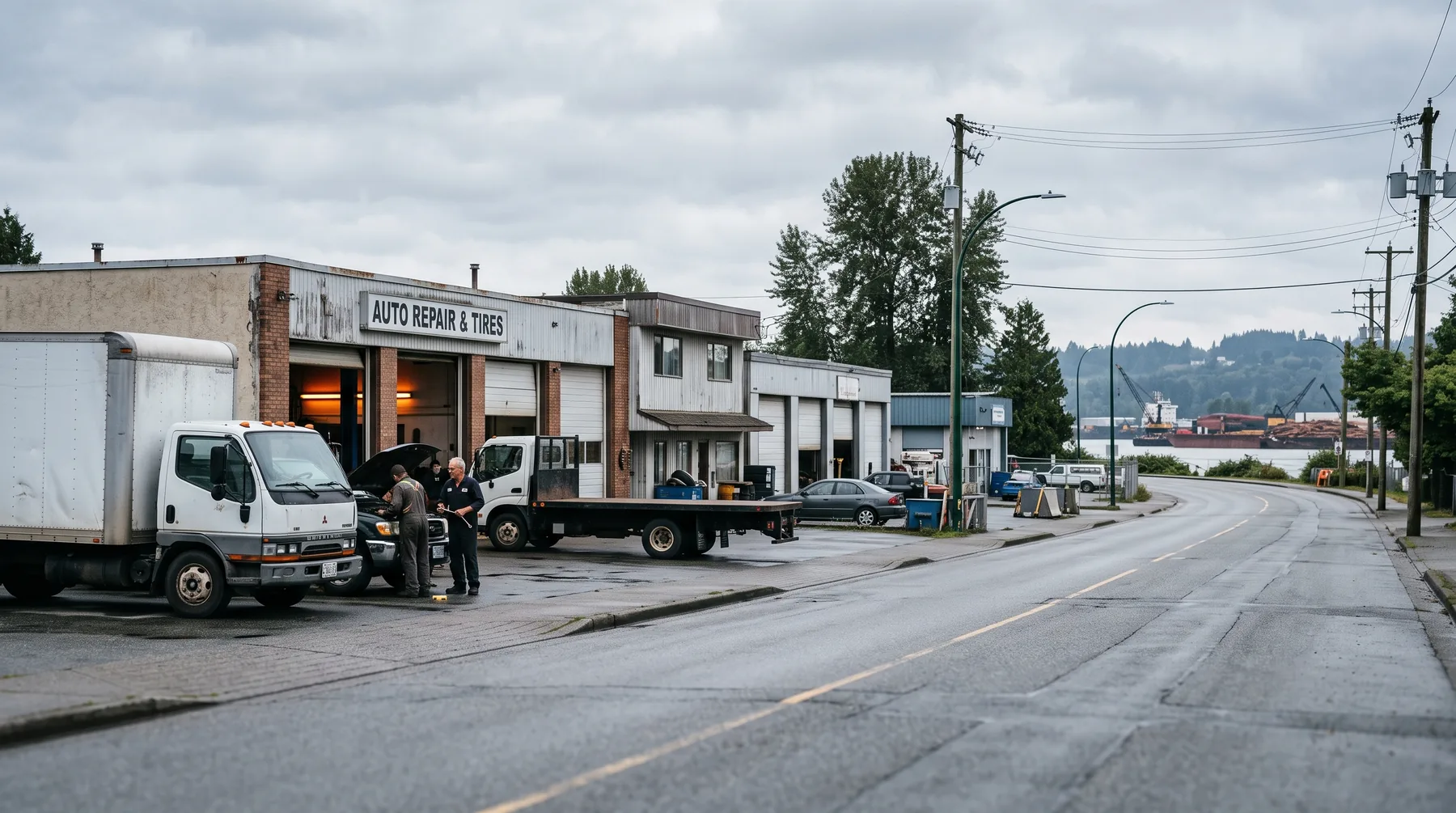 Low industrial buildings and parked trucks along a road near the Fraser River in north Surrey