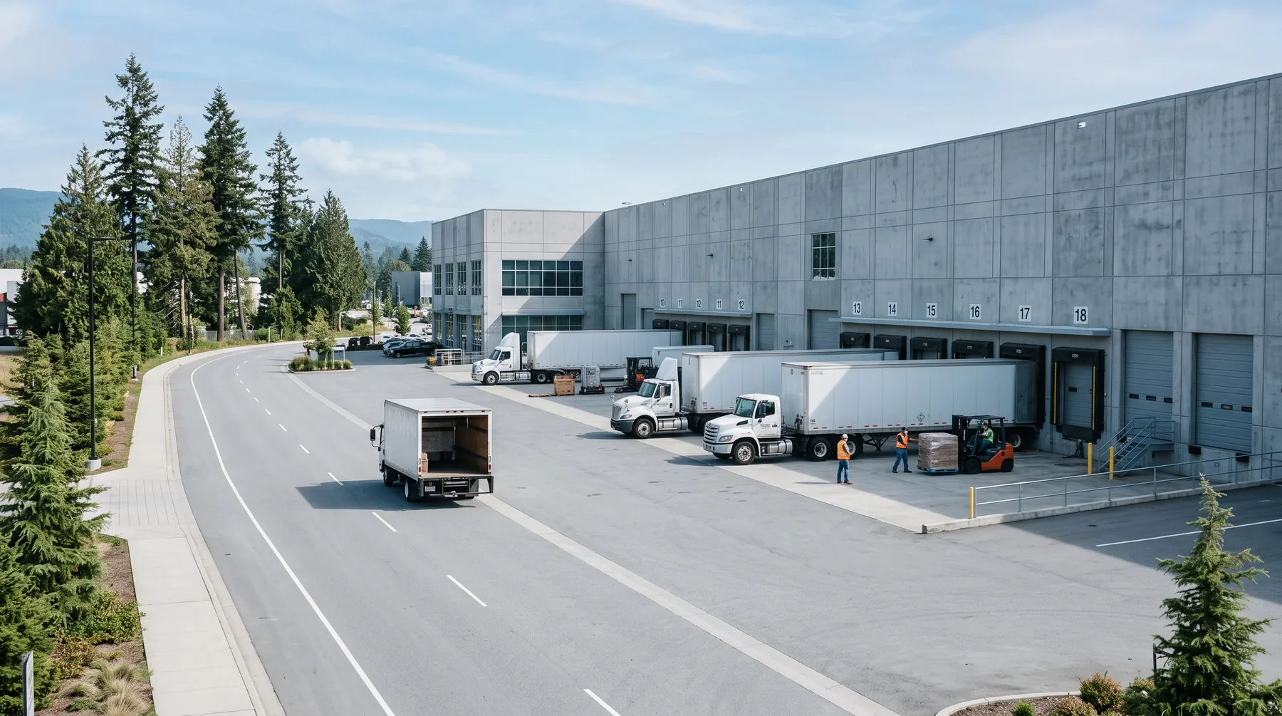 Large modern warehouse and distribution buildings with loading bays in the Campbell Heights business park
