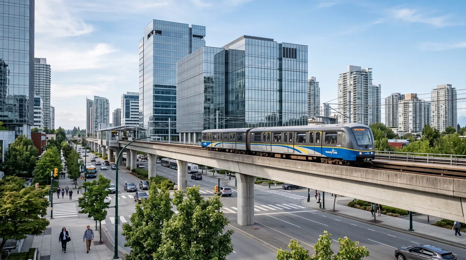 Surrey City Centre office towers beside the elevated SkyTrain guideway on a clear afternoon