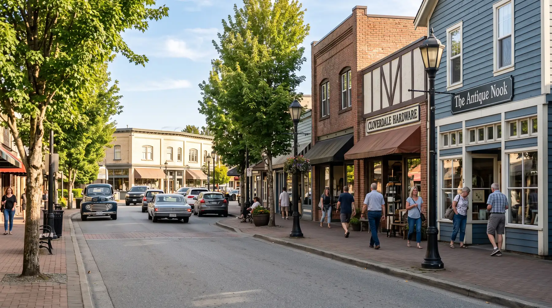 Historic brick and timber storefronts along 176 Street in Cloverdale, Surrey