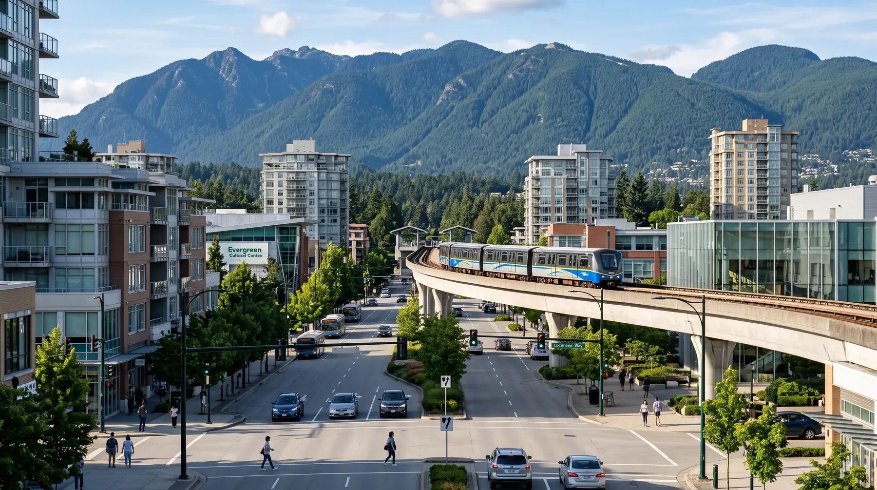 Coquitlam town centre with mid-rise buildings, a SkyTrain guideway and mountains behind