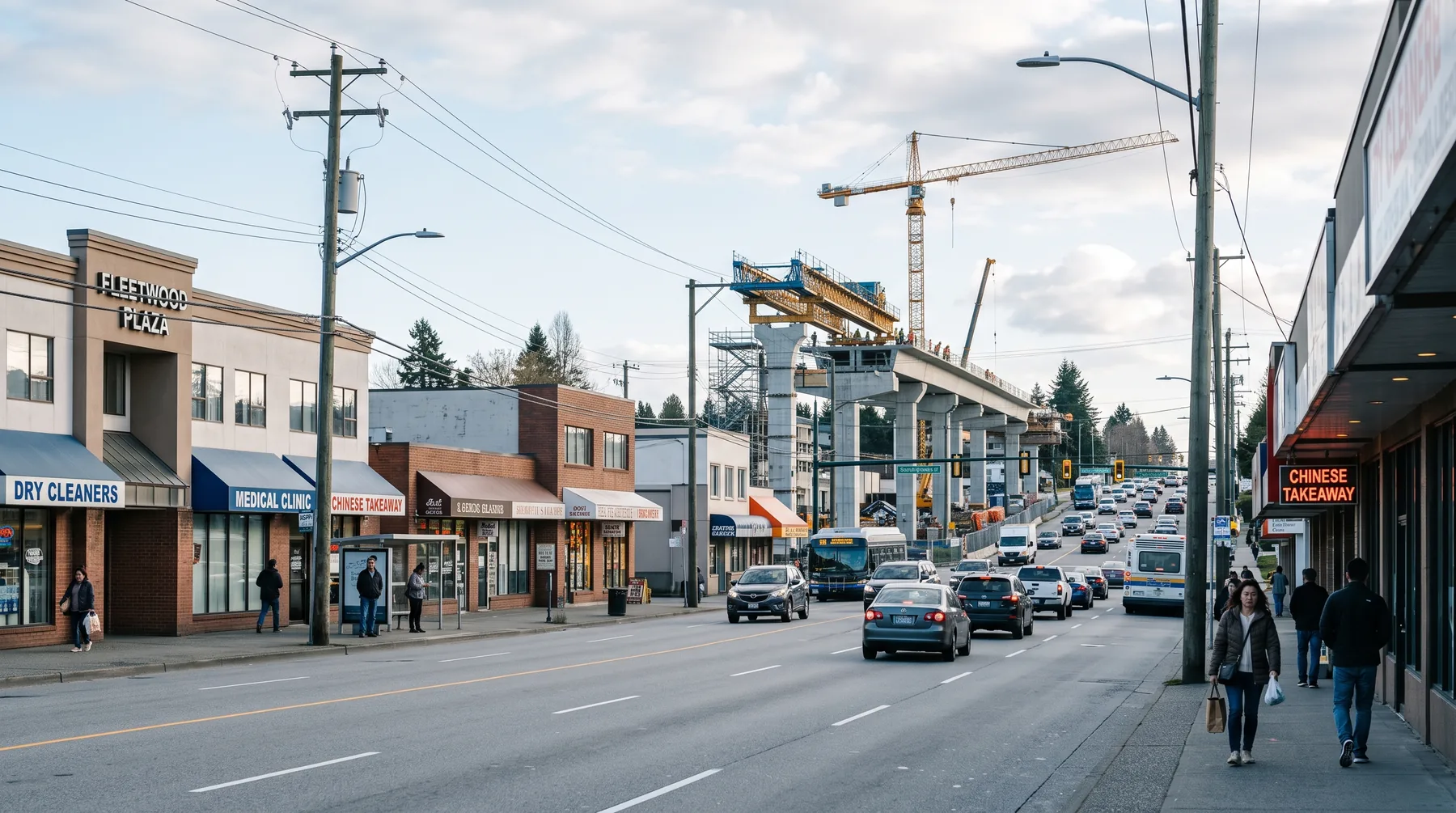 Fraser Highway in Fleetwood, Surrey, with low-rise shops and offices and SkyTrain construction in the distance