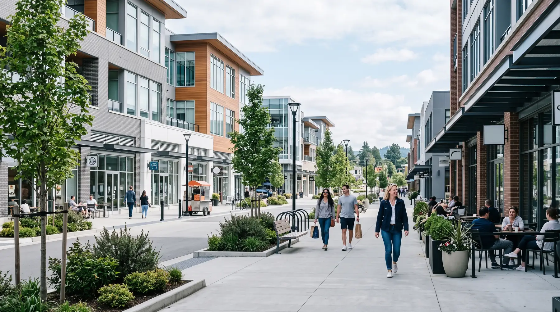 Quiet commercial street with a café and offices in South Surrey