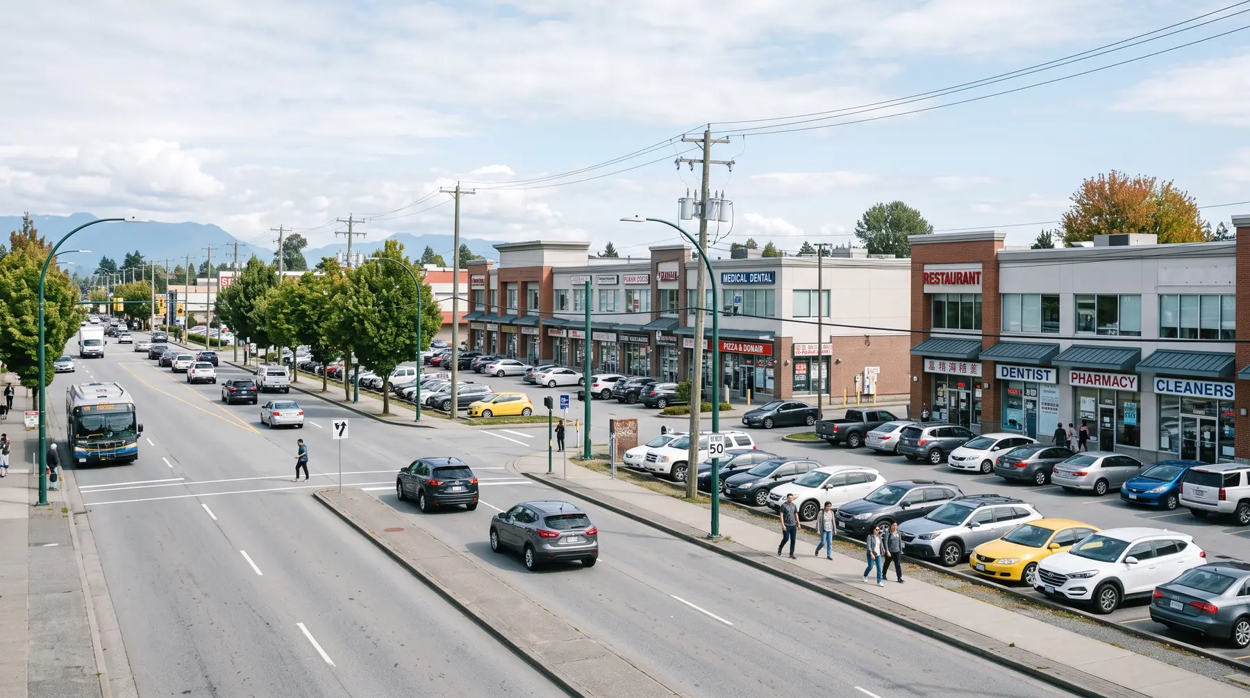 Low-rise commercial buildings and storefronts along a wide street in Guildford, Surrey