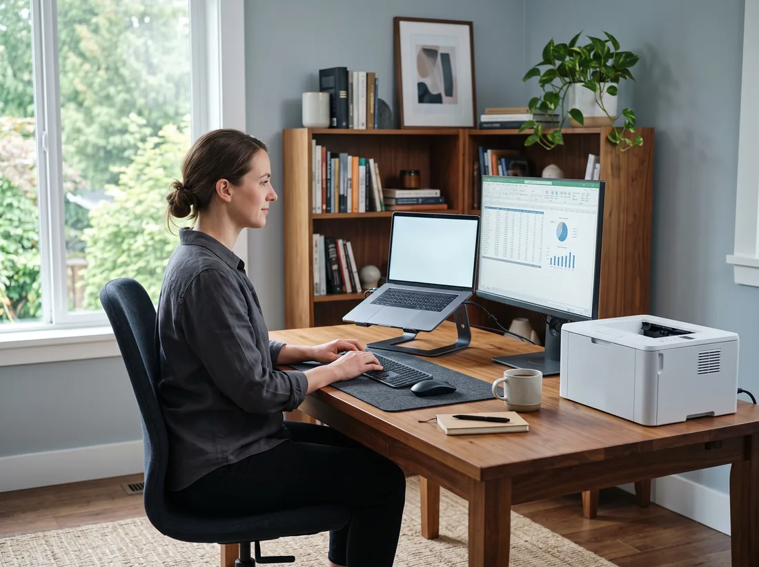 Home office with a laptop, a second monitor and a small printer on a wooden desk
