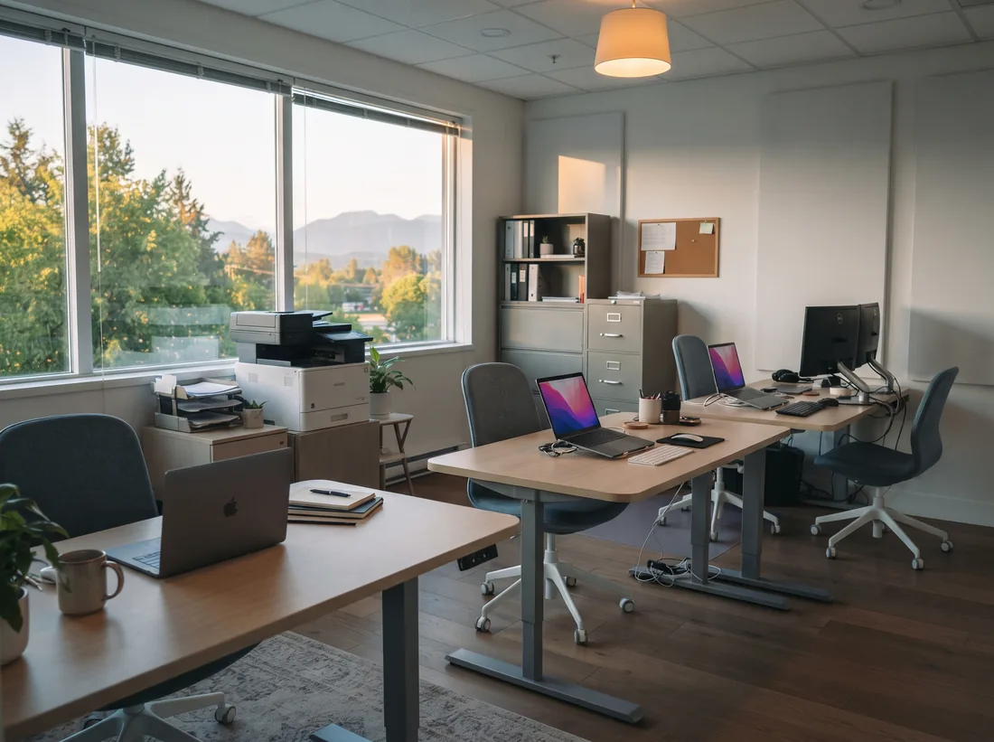 Small professional office with desks, laptops and a shared printer by the window