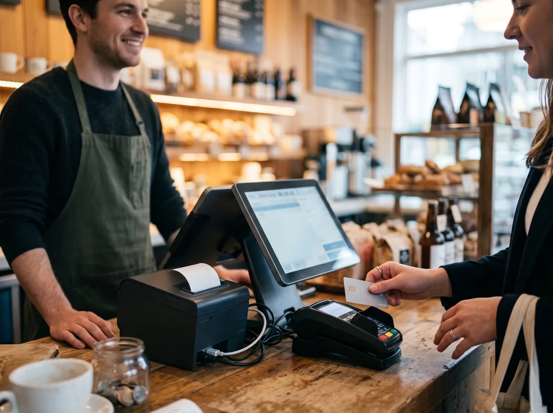 Small business counter with a payment terminal, a monitor and a receipt printer