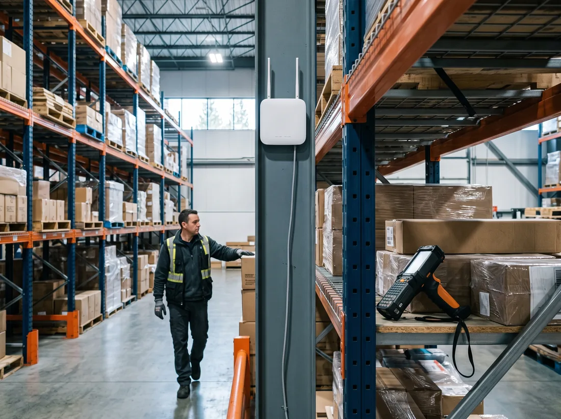 Warehouse aisle with high racking and a Wi-Fi access point mounted on a beam