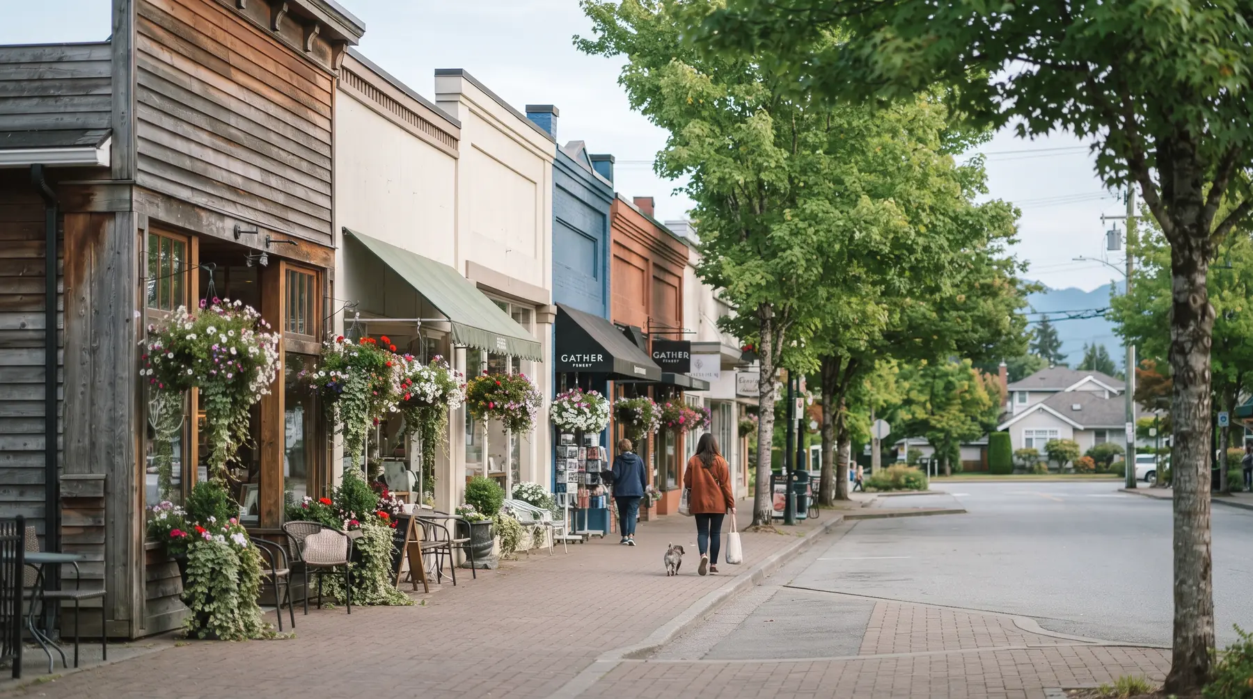 Ladner Village main street with low heritage storefronts and trees