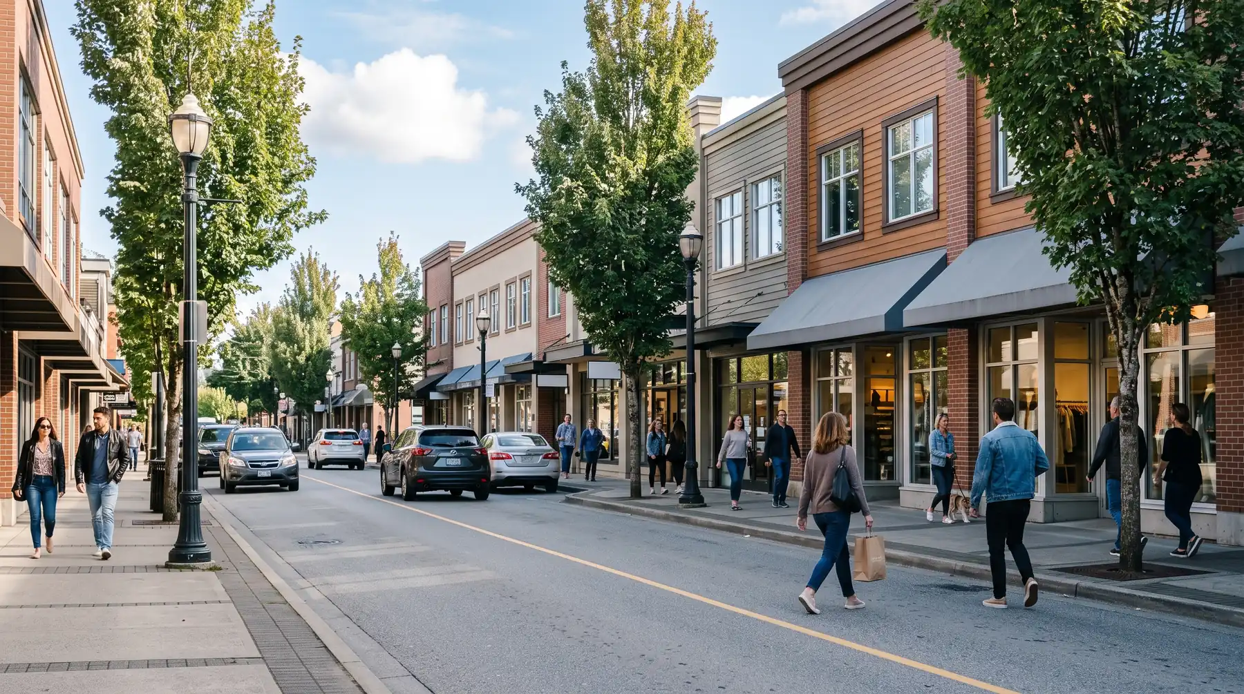 Downtown Langley City street with shops, offices and trees along Fraser Highway