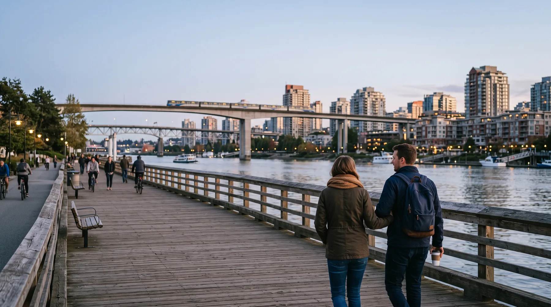 New Westminster waterfront with the quay boardwalk and the Fraser River
