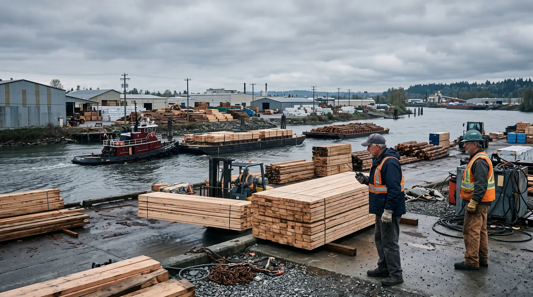 Industrial buildings and yards near the Fraser River in Port Kells, Surrey