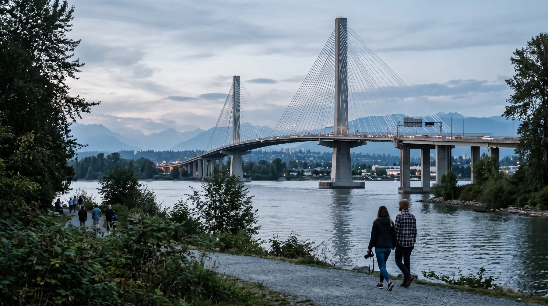 The Port Mann Bridge crossing the Fraser River seen from the Surrey side