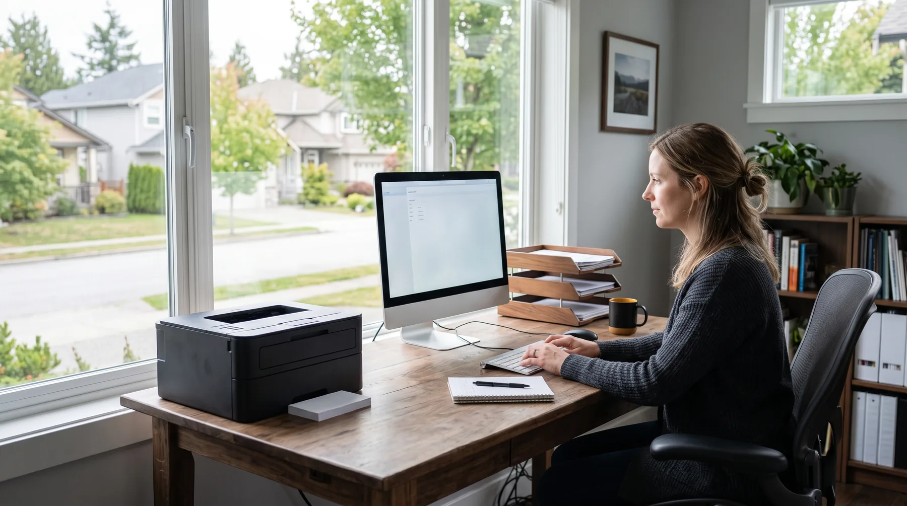 Tidy home office with a desktop computer, a small printer and a window onto a quiet Surrey street