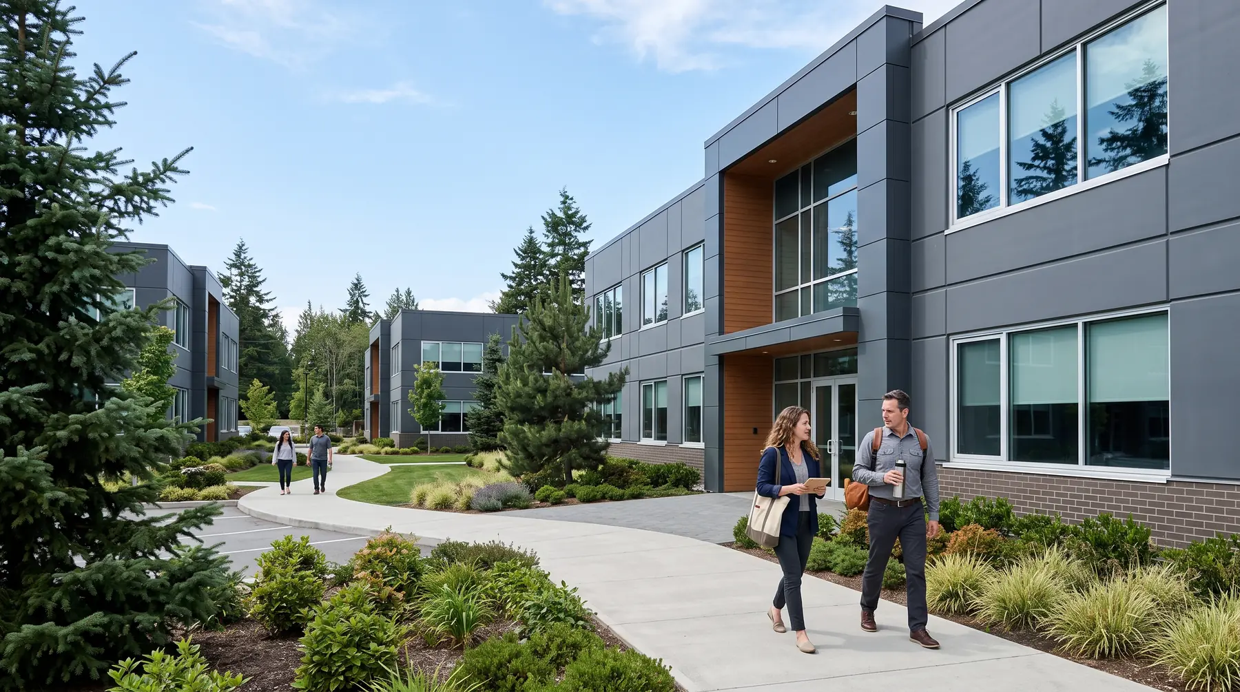 Modern two-storey office buildings with landscaping in a South Surrey business park