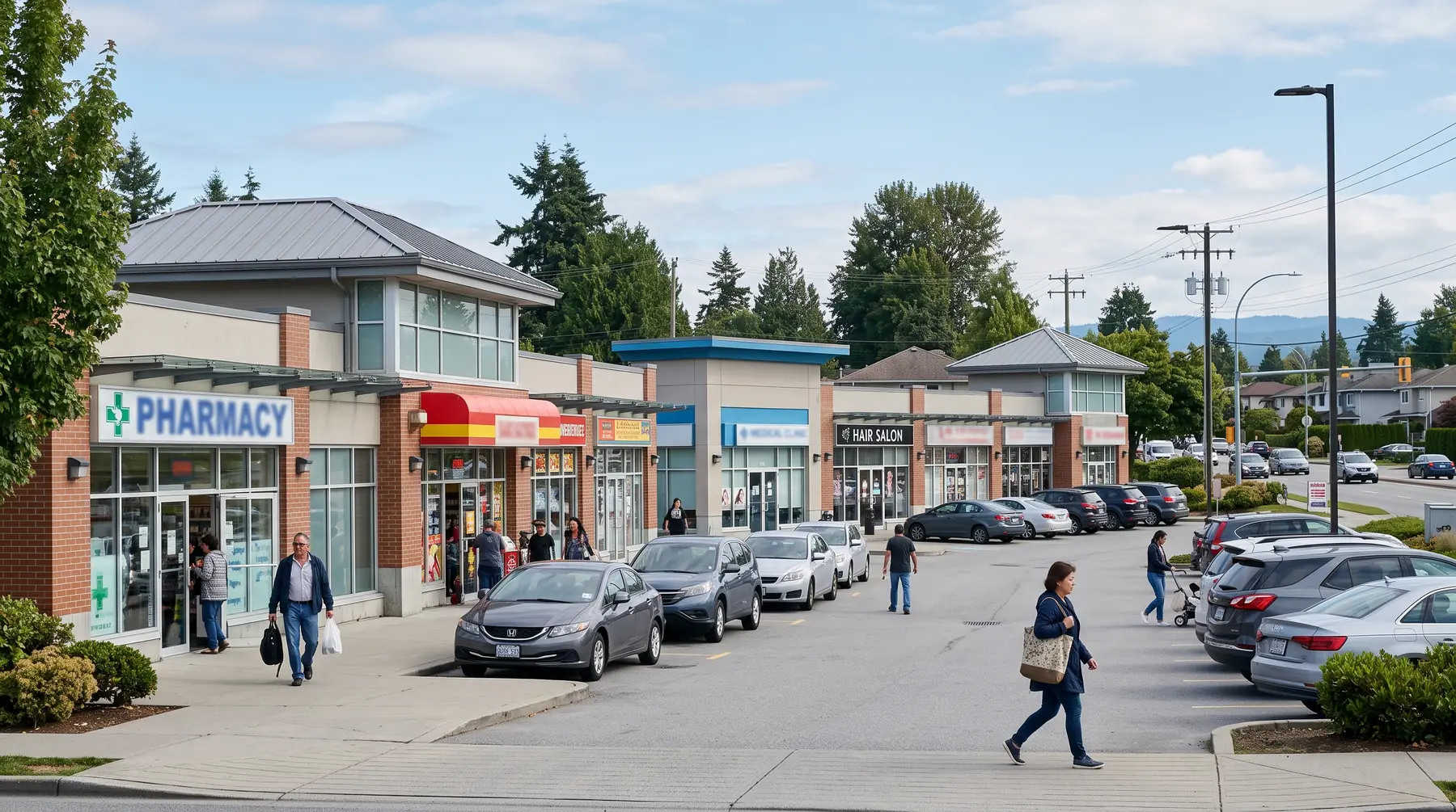 Small plaza of offices and shops with a parking lot in a west Surrey neighbourhood