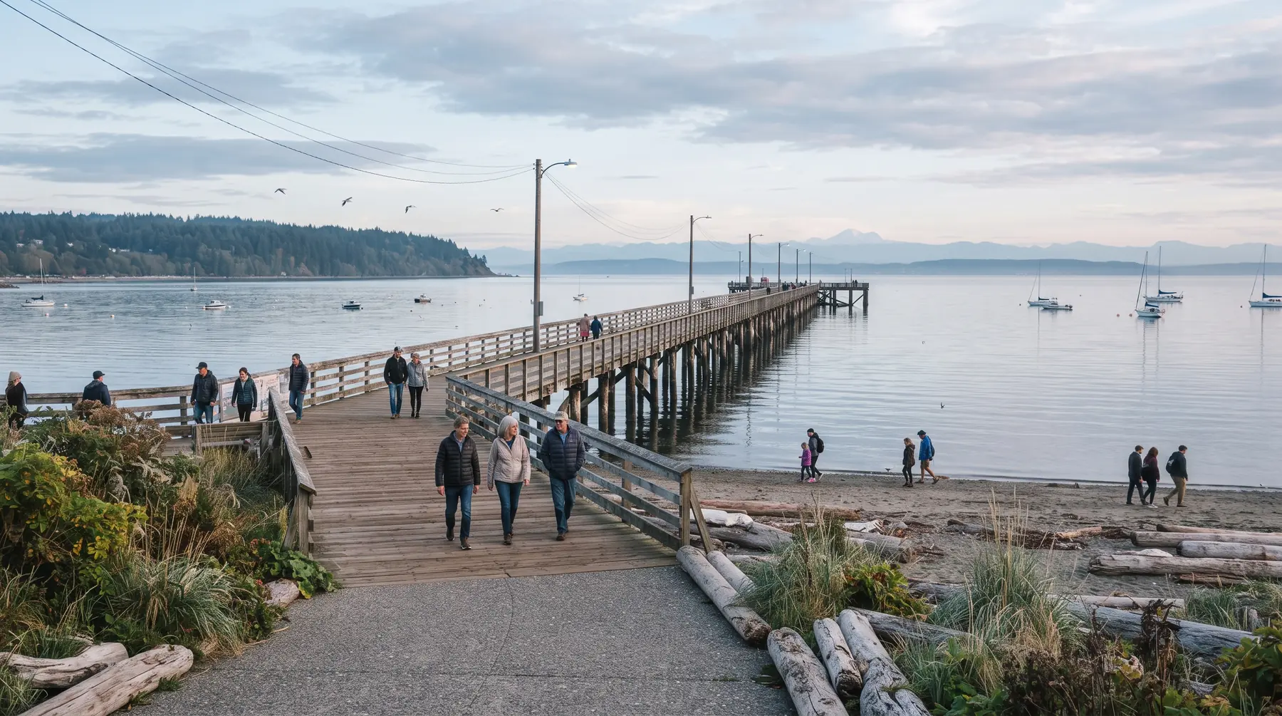 White Rock pier stretching into Semiahmoo Bay with the waterfront promenade in the foreground