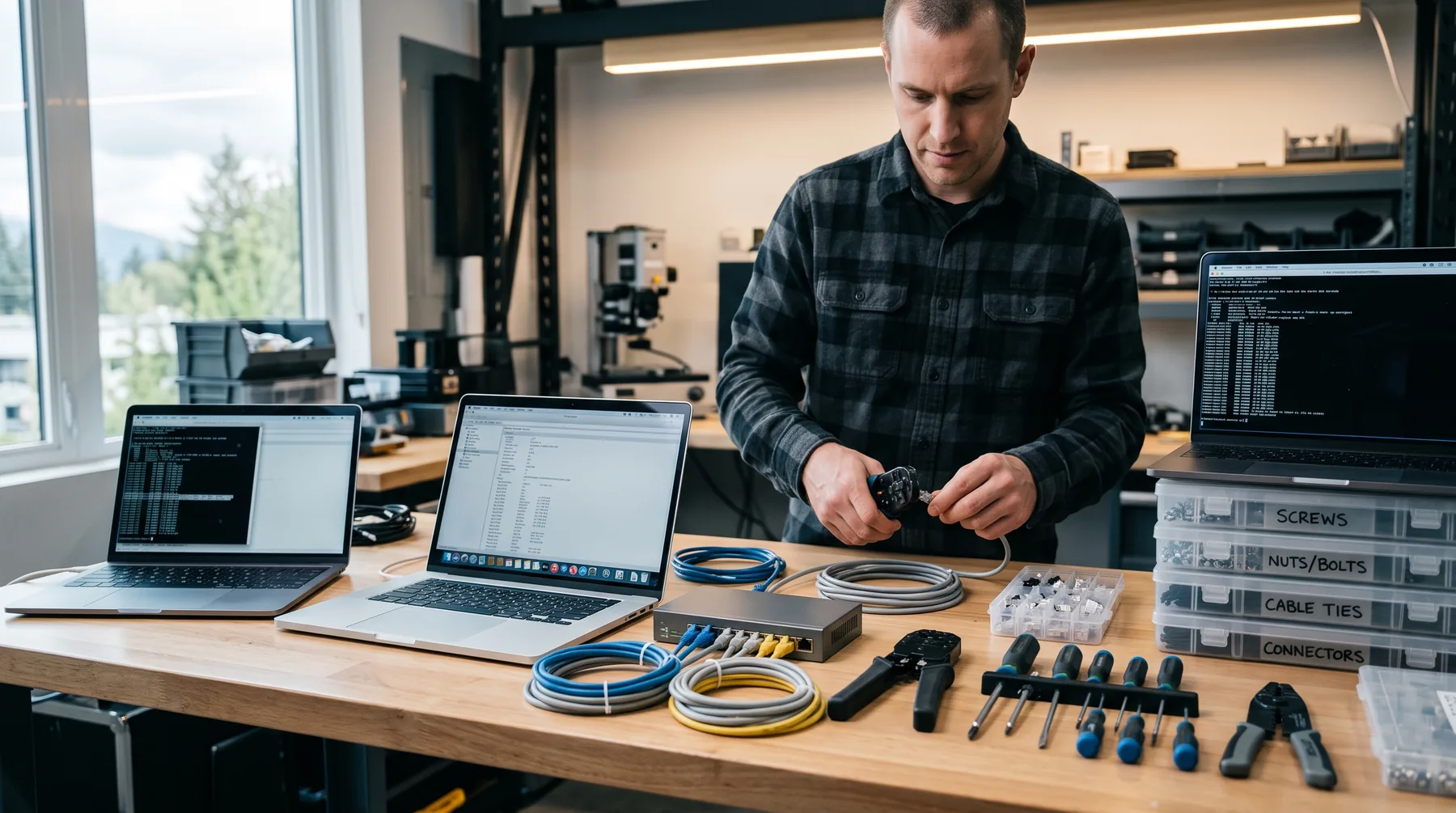 IT workbench with laptops, a network switch, coiled cables and hand tools laid out neatly