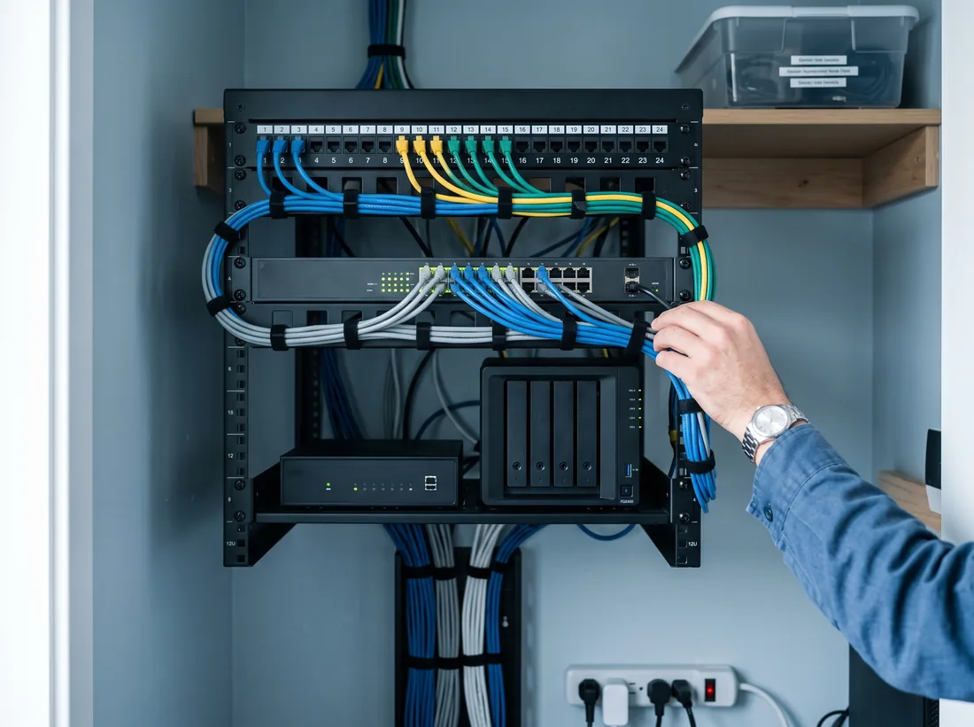 Tidy small-office network closet with a labelled patch panel, a switch, a firewall and a NAS on a shelf