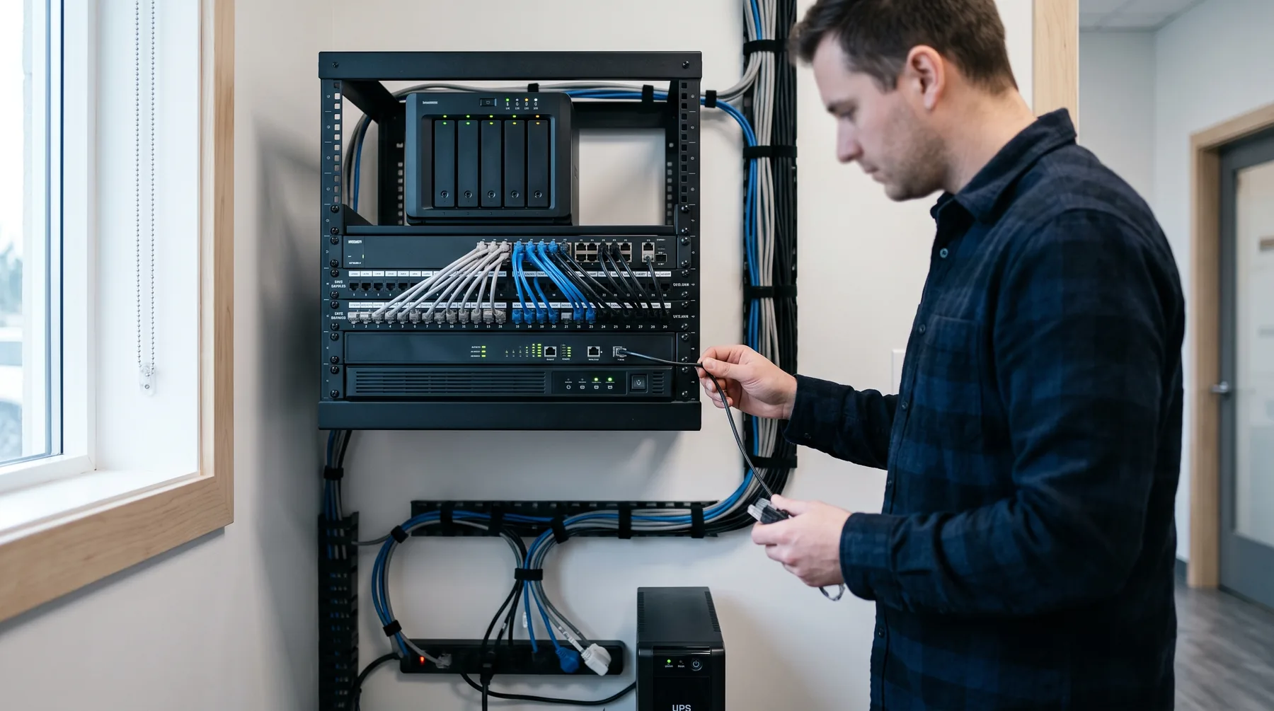 Small office server closet with a rack-mounted NAS, a switch and a battery backup unit