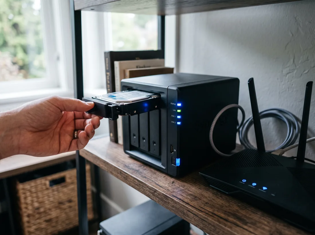 Close view of a desktop NAS device with its drive bays open and status lights on