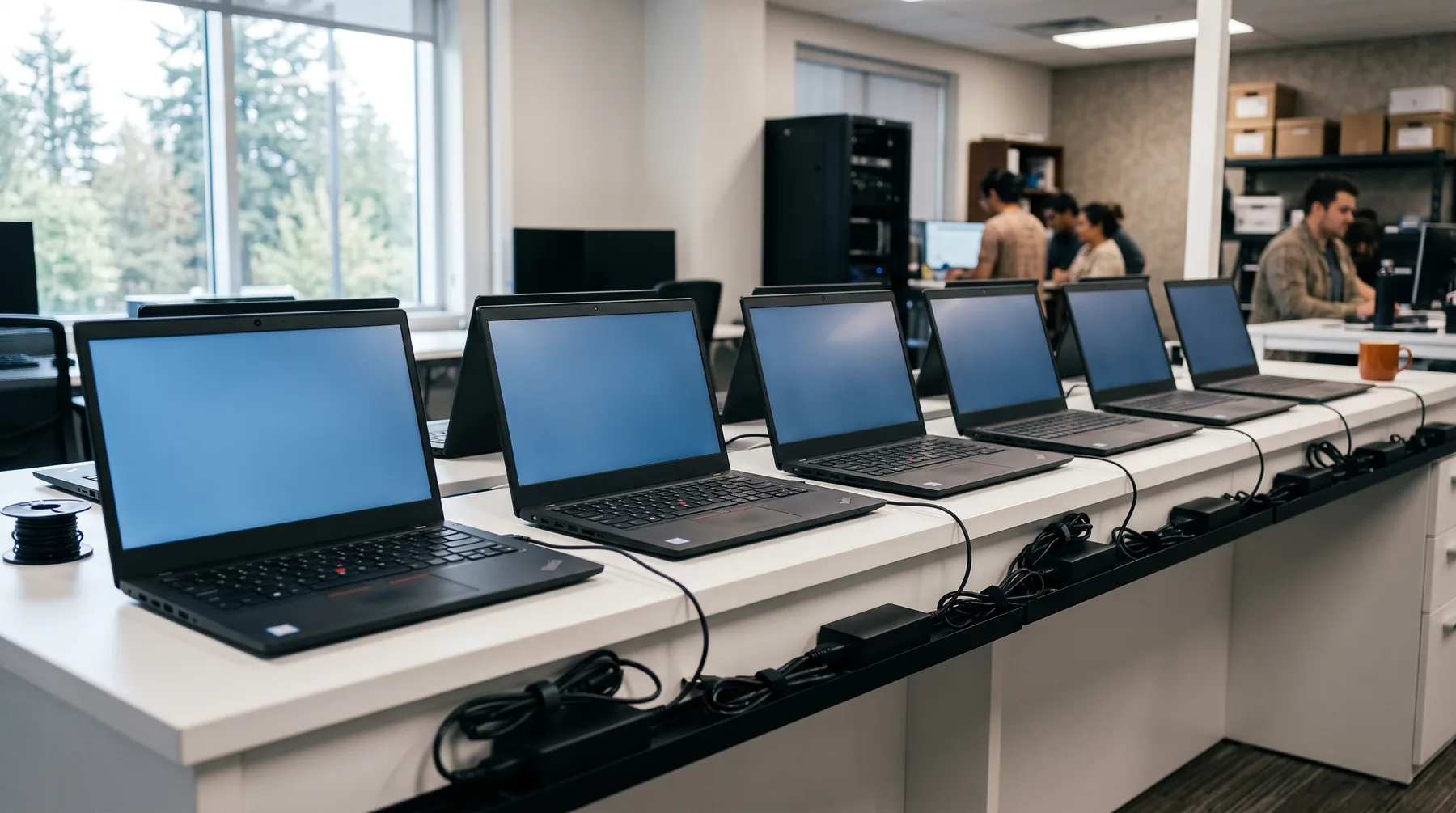 Row of new business laptops open on a bench, each showing a setup progress screen