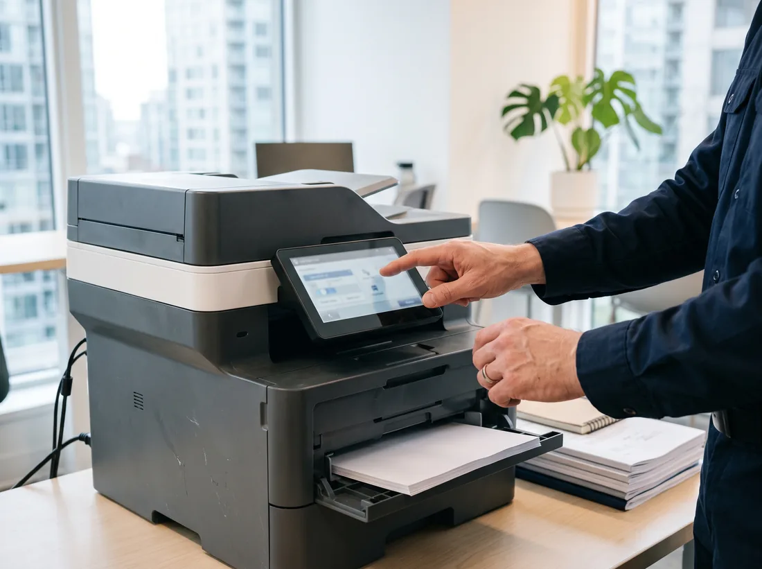 Office multifunction printer with its touchscreen open on network settings and a technician’s hand adjusting it