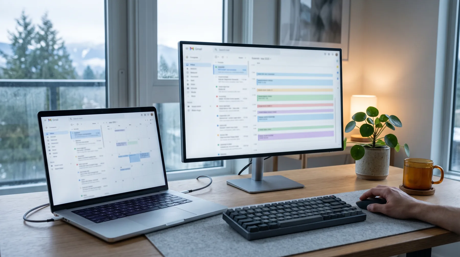 Laptop and external monitor on an office desk showing a generic email inbox and calendar