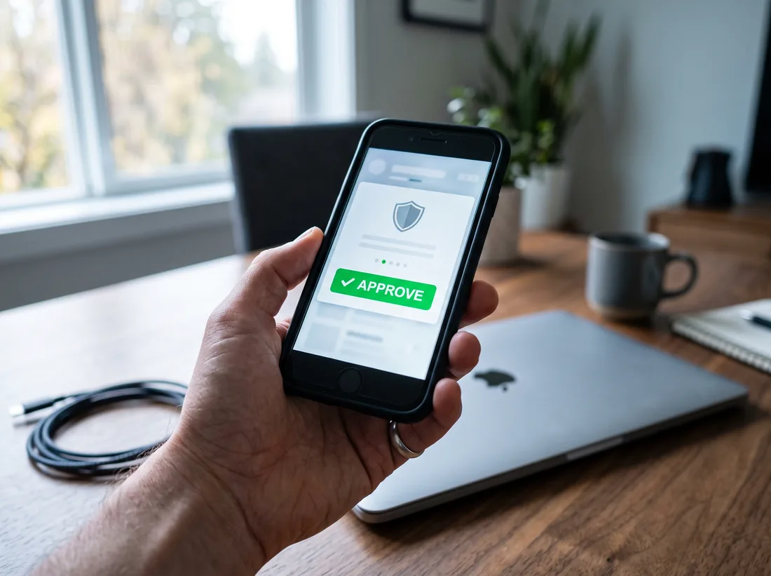 Hand holding a smartphone showing a generic sign-in approval prompt next to a laptop