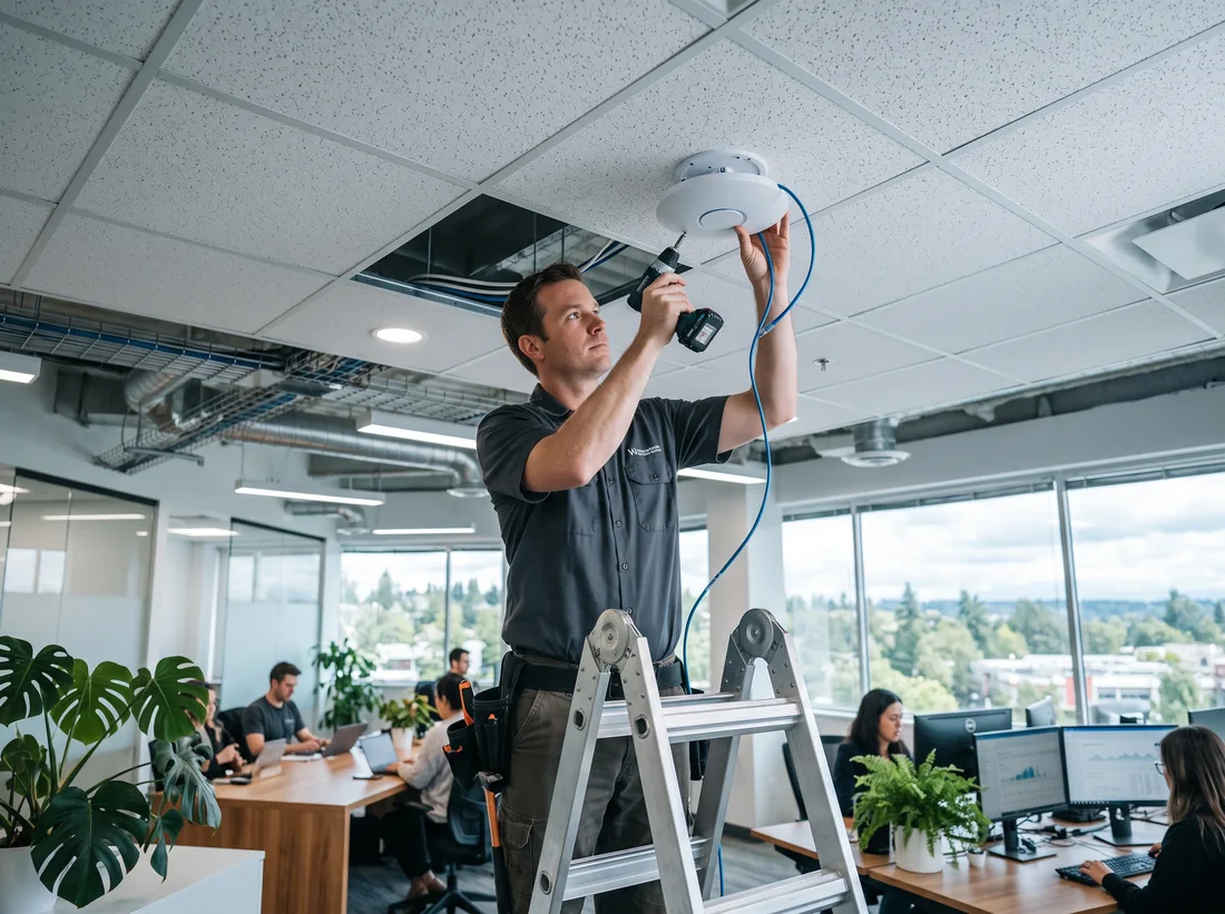 Technician on a stepladder mounting a white Wi-Fi access point to an office ceiling