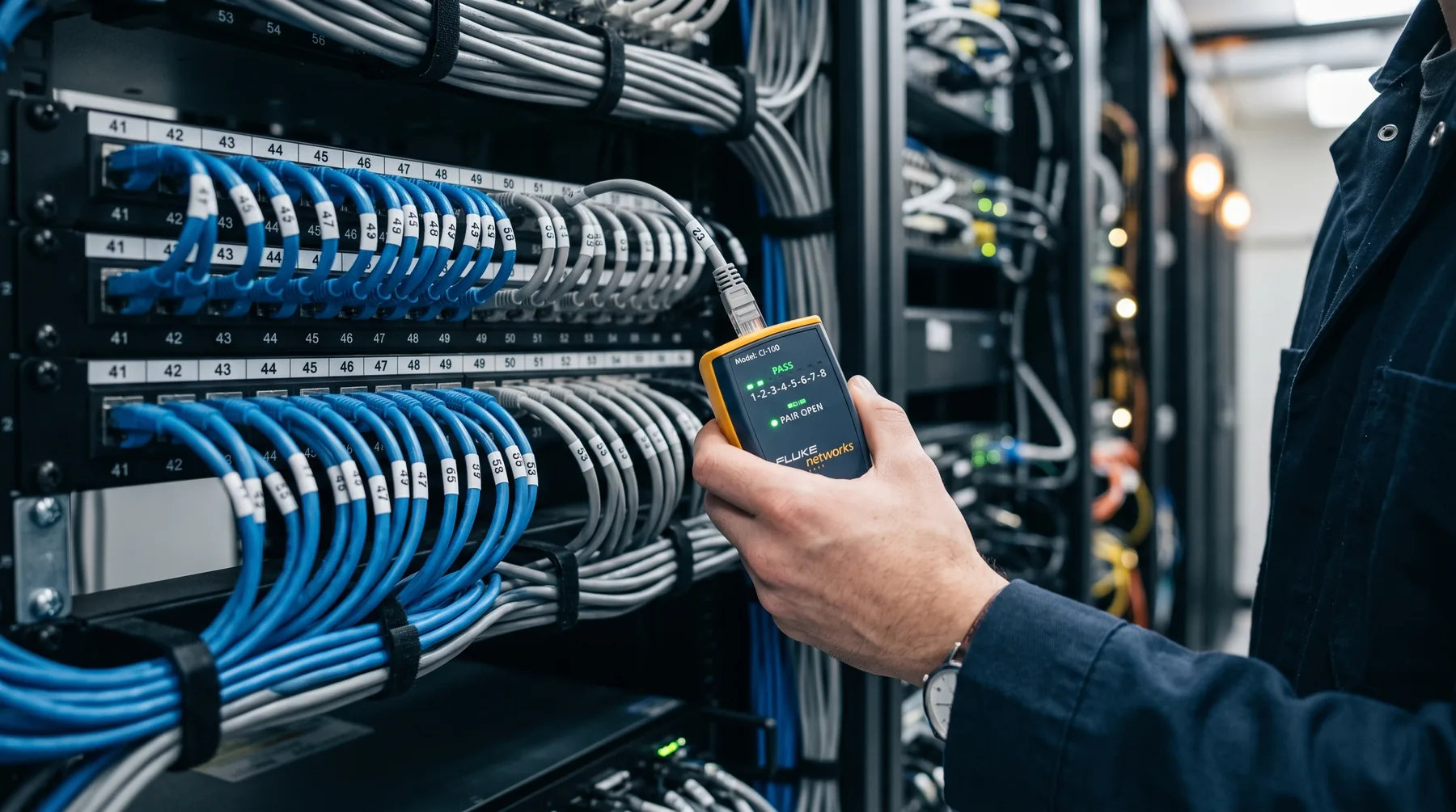 Close view of a patch panel with numbered blue Cat6 cables and a handheld cable tester