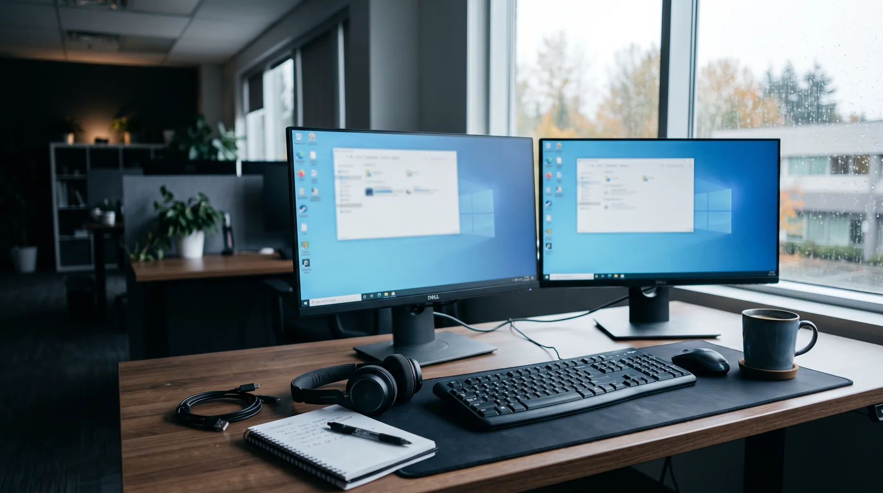 Technician’s desk with two monitors showing a remote support session and a headset beside the keyboard