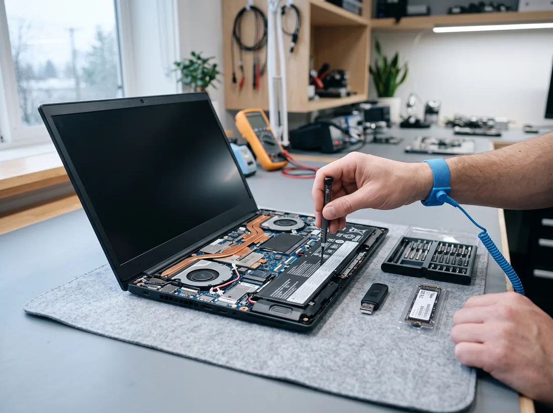Laptop opened on a workbench beside a diagnostic USB drive, a screwdriver and a replacement solid-state drive