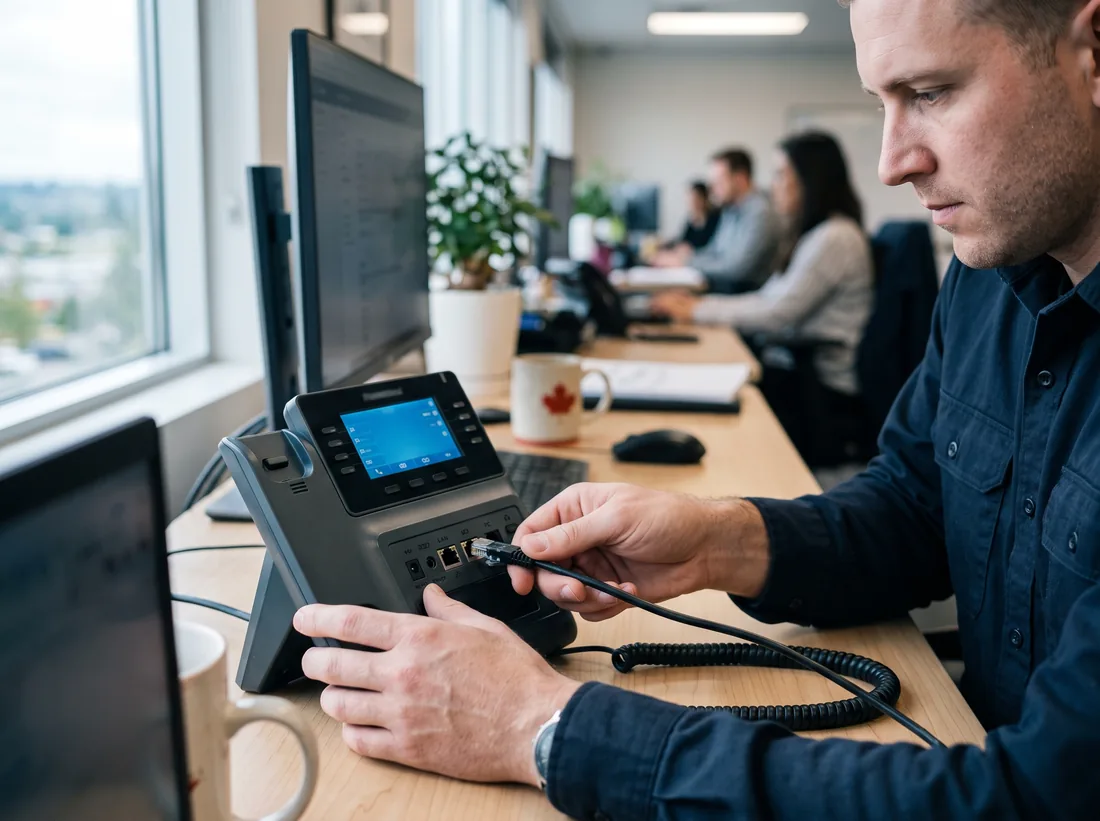 Technician’s hands connecting a network cable to the back of a VoIP desk phone on an office desk