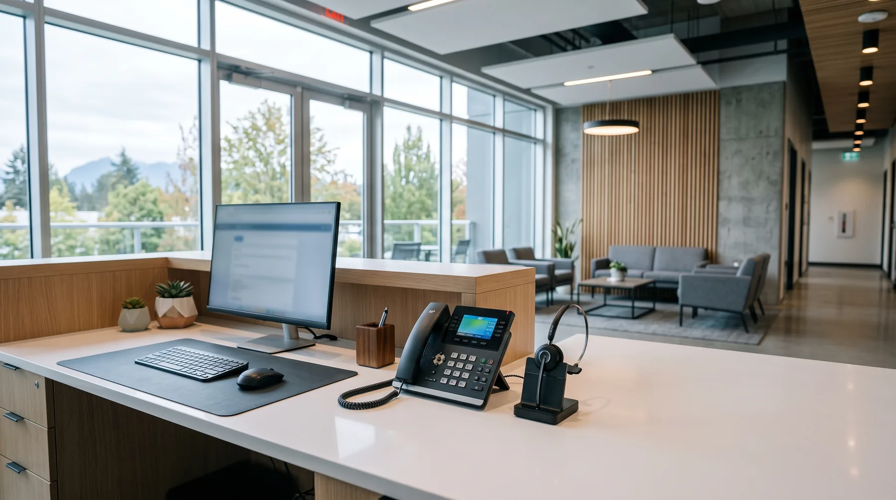 Clean reception desk with a modern VoIP desk phone and a headset next to a monitor