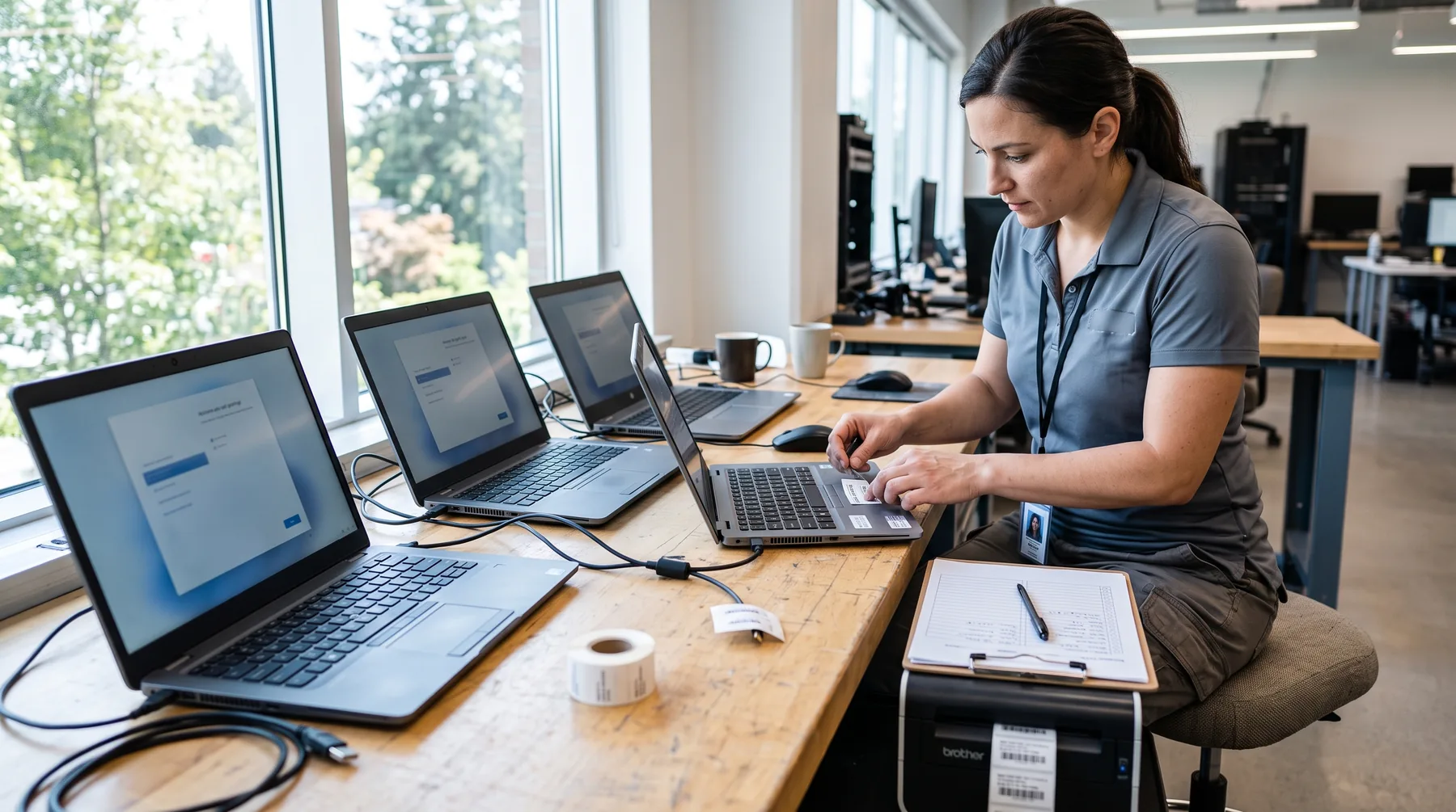 IT workbench with several business laptops open and being prepared